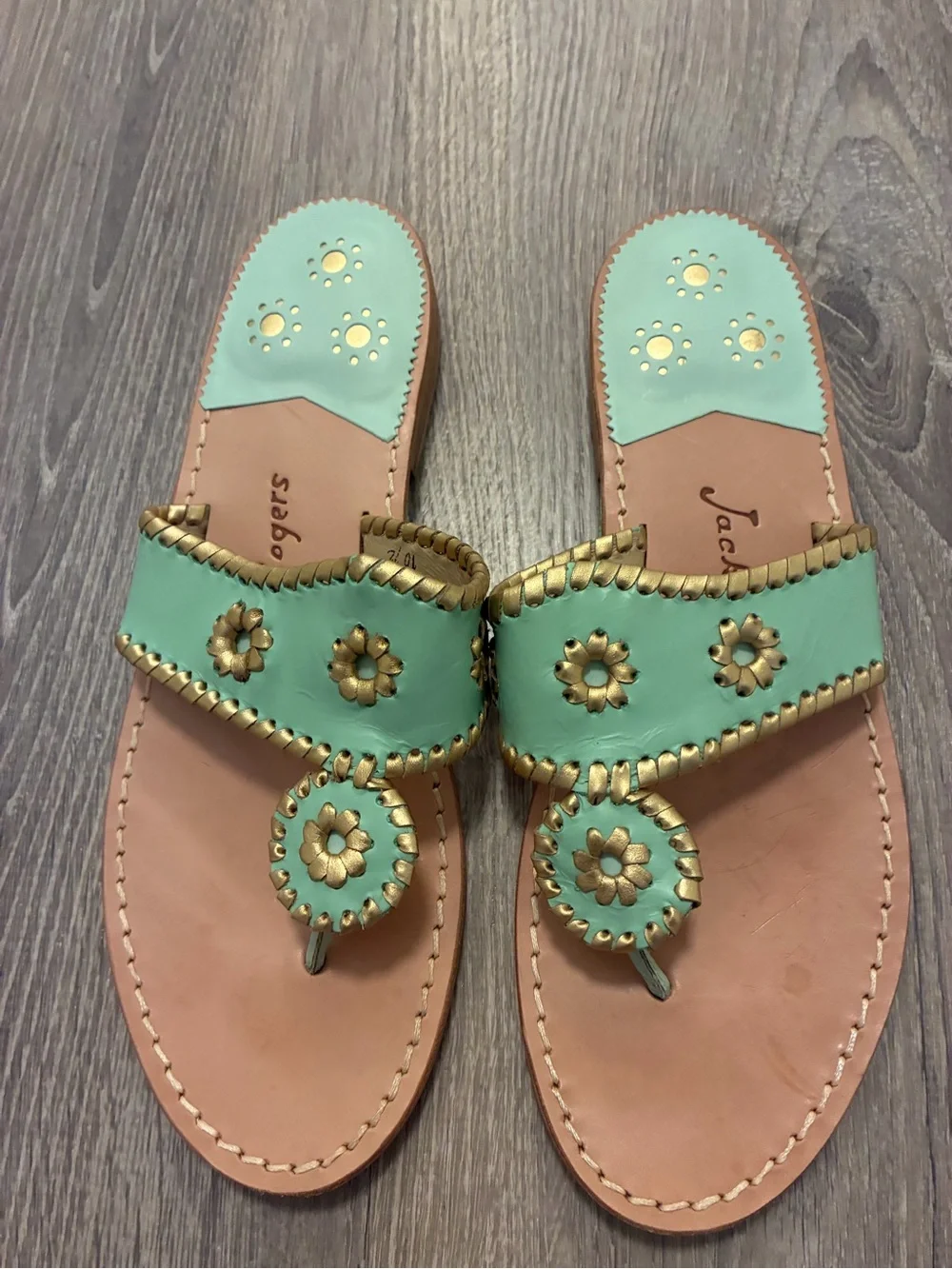 Jack Rogers Mint Green Leather Thong Sandals with Gold Accents- 10.5
